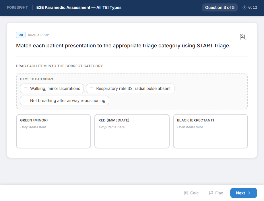 A student-facing drag-and-drop question in the Foresight exam player